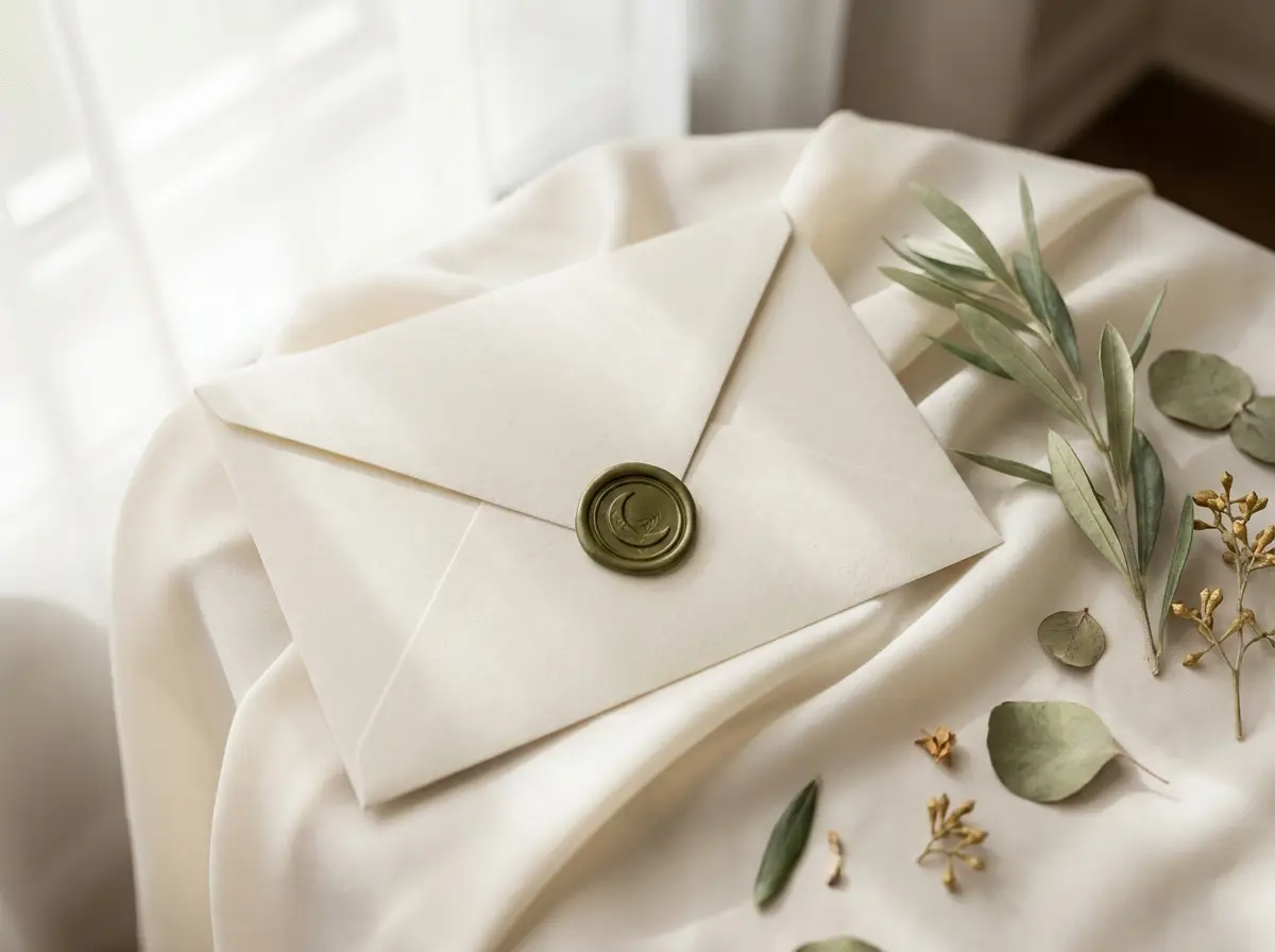 A cream wedding envelope closed with an olive-green wax seal bearing a crescent, resting on ivory silk beside olive leaves